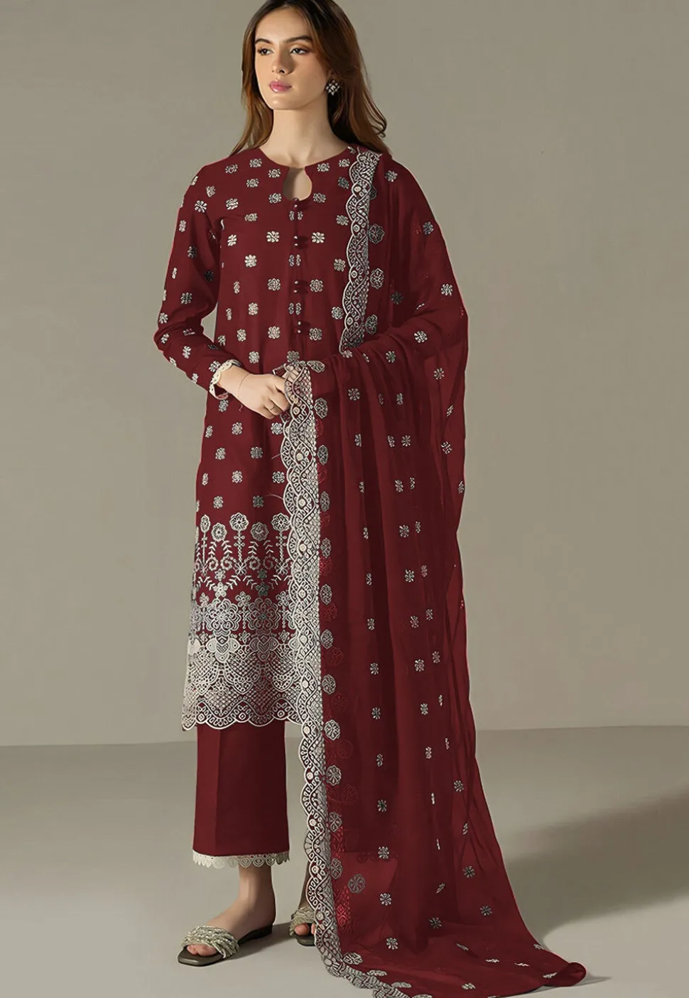 Embroidered Georgette Scalloped Pakistani Suit in Maroon