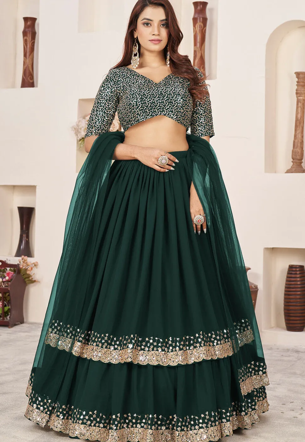 Embroidered Georgette Scalloped Lehenga in Dark Green