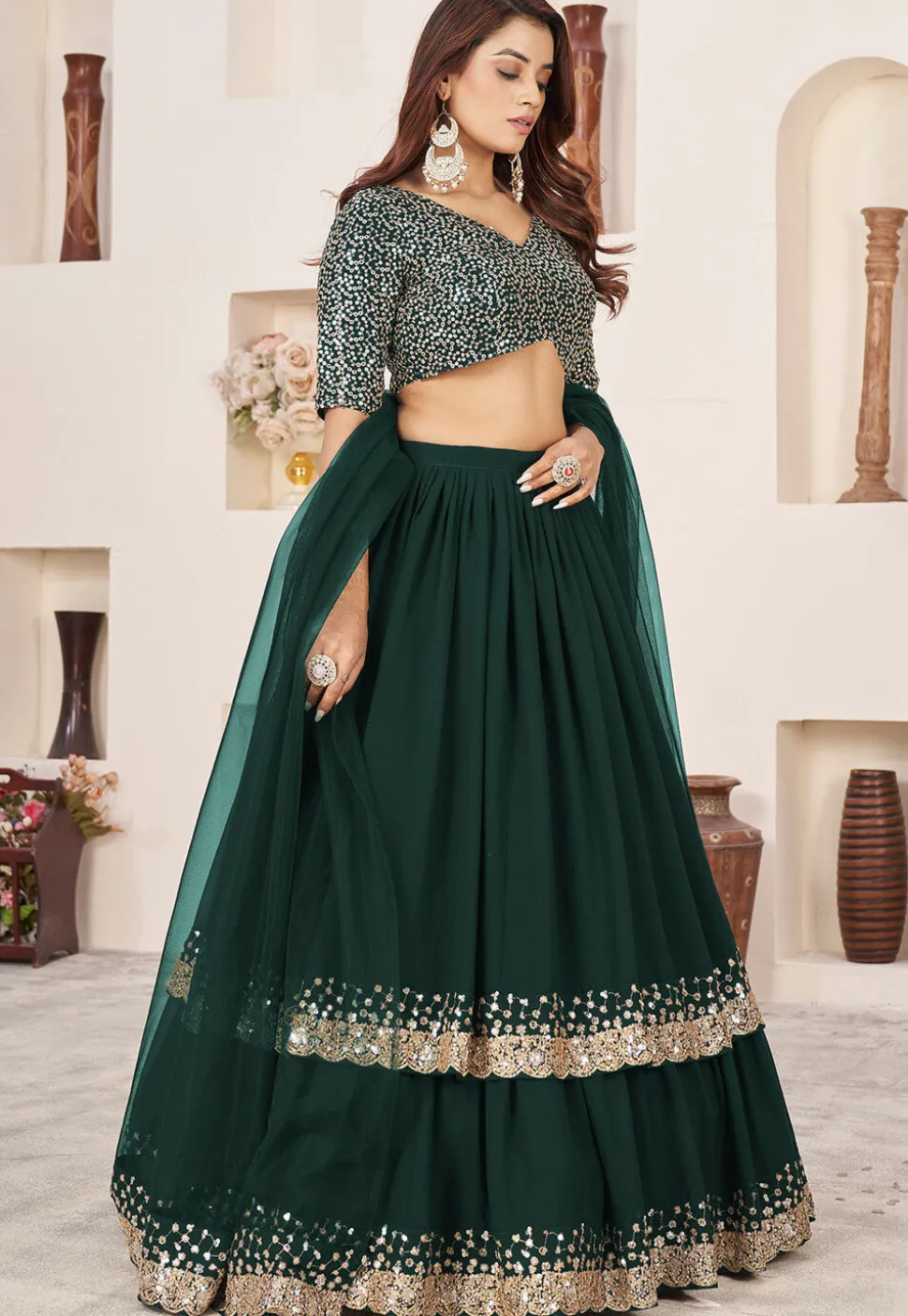 Embroidered Georgette Scalloped Lehenga in Dark Green