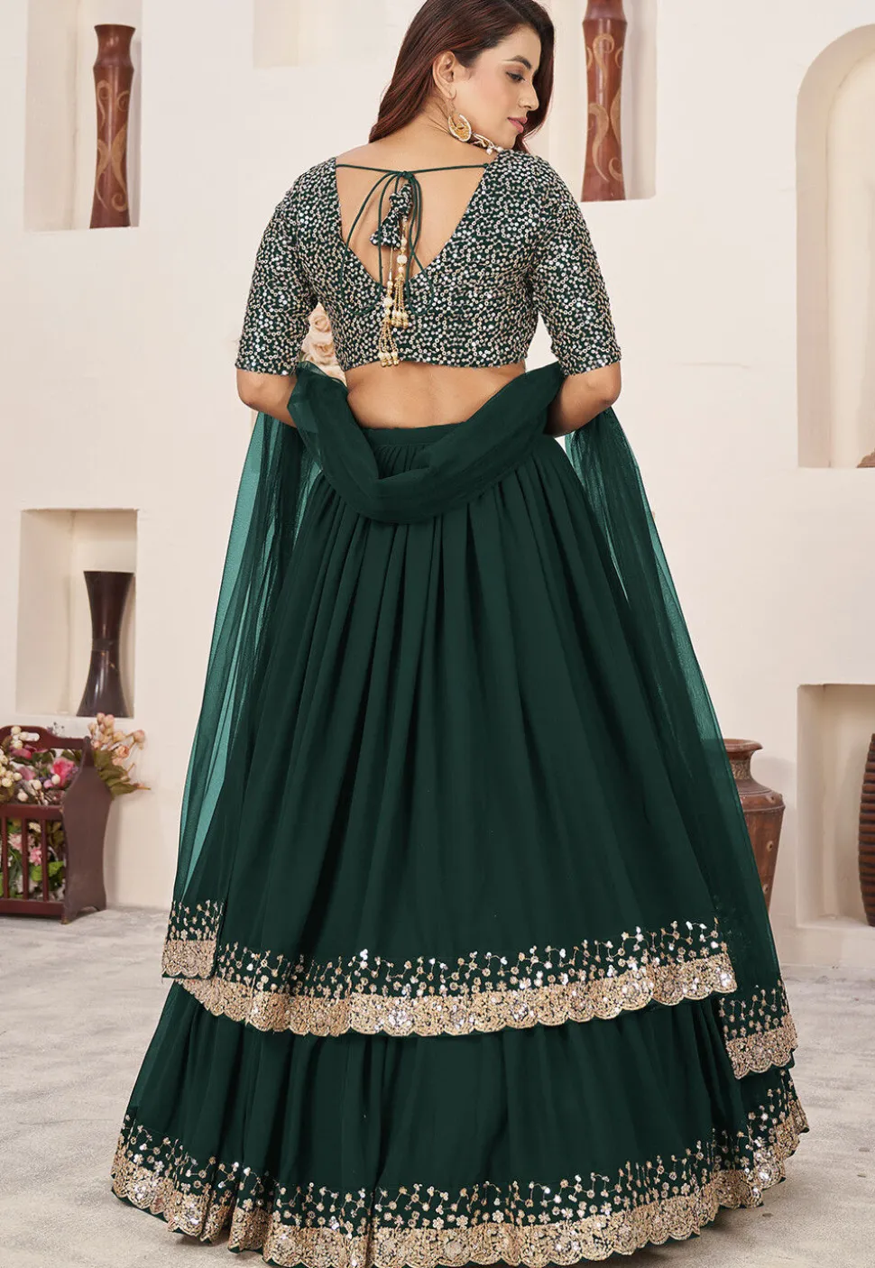 Embroidered Georgette Scalloped Lehenga in Dark Green