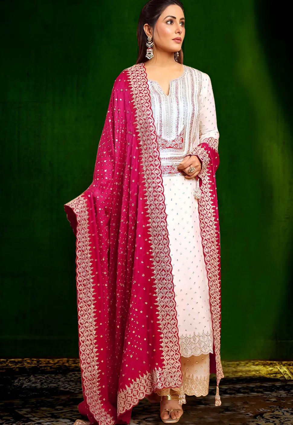 Embroidered Georgette Scalloped Pakistani Suit in Off White