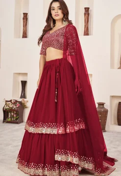 Embroidered Georgette Scalloped Lehenga in Red