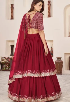 Embroidered Georgette Scalloped Lehenga in Red