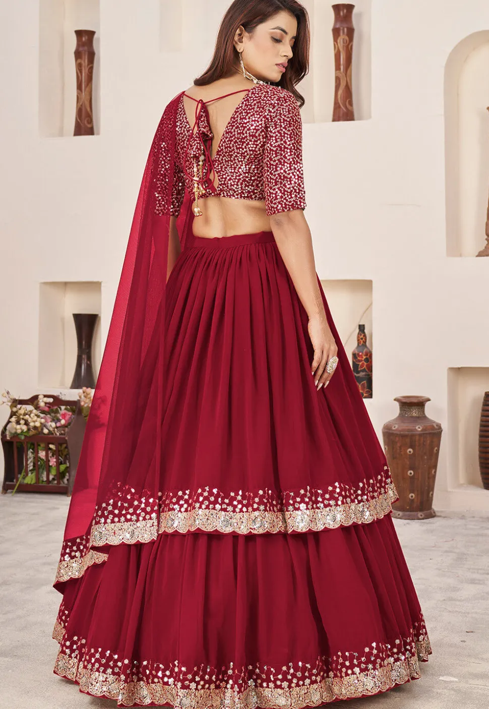 Embroidered Georgette Scalloped Lehenga in Red