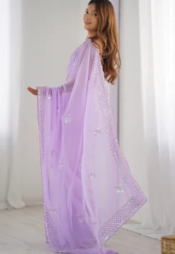 Embroidered Georgette Scalloped Saree in Light Purple
