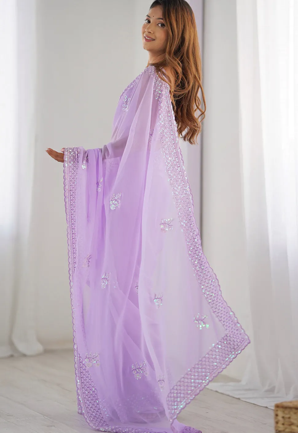 Embroidered Georgette Scalloped Saree in Light Purple