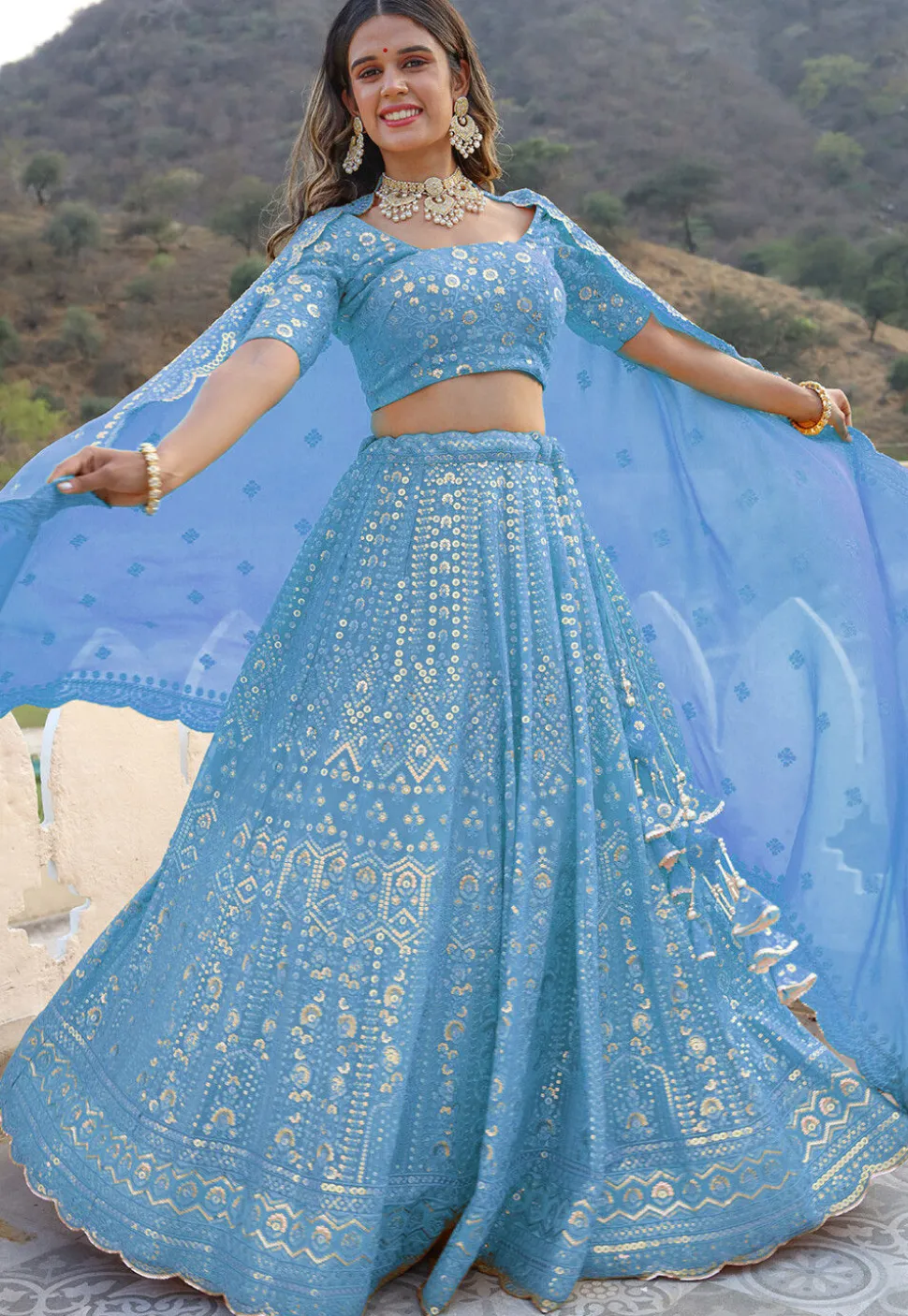 Embroidered Georgette Scalloped Lehenga in Light Blue