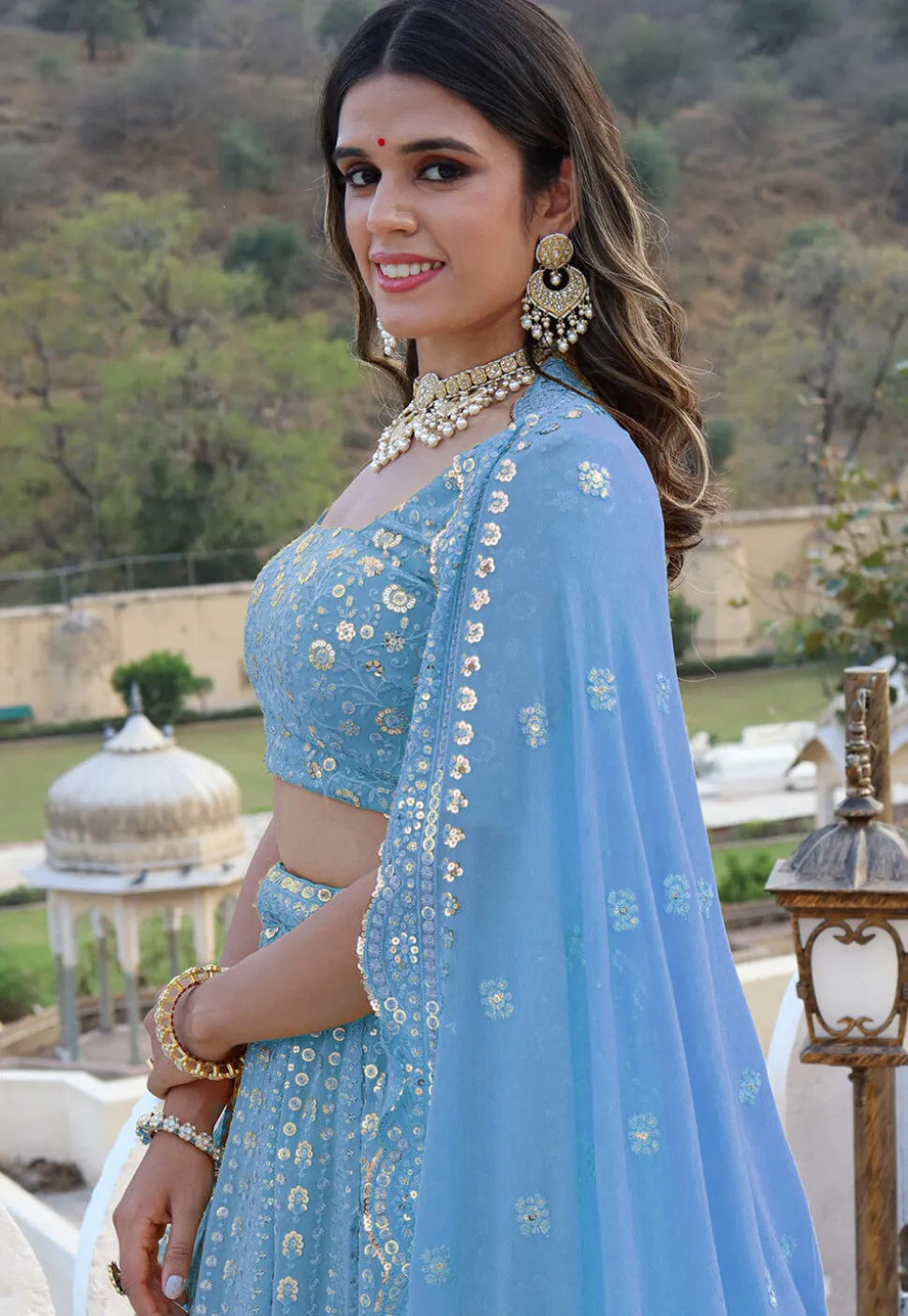 Embroidered Georgette Scalloped Lehenga in Light Blue