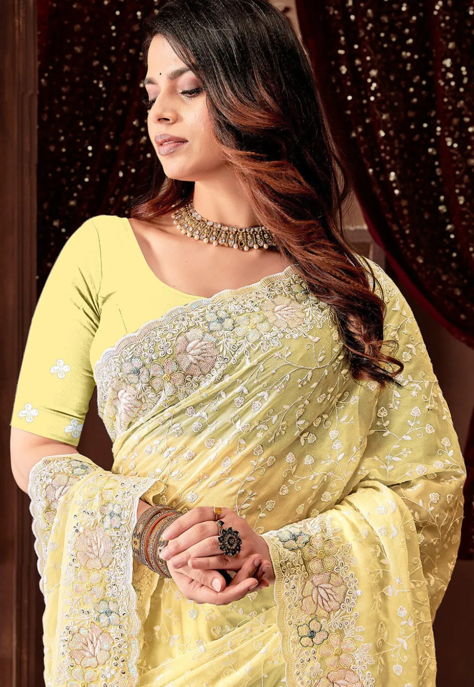 Embroidered Georgette Scalloped Saree in Yellow