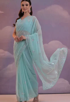 Embroidered Georgette Scalloped Saree in Sky Blue