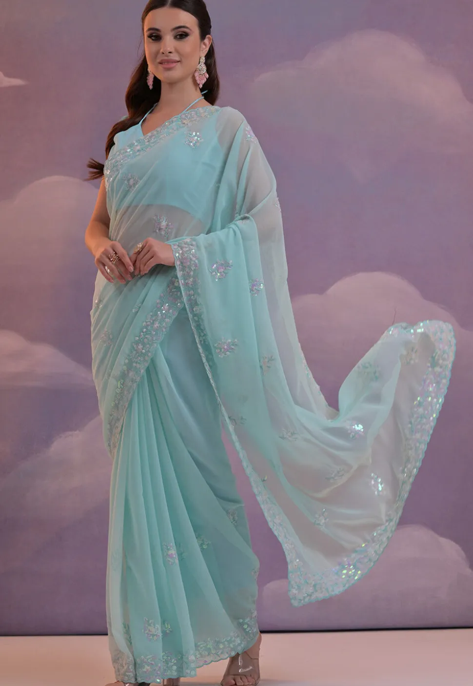 Embroidered Georgette Scalloped Saree in Sky Blue