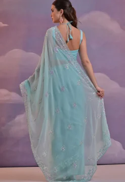 Embroidered Georgette Scalloped Saree in Sky Blue