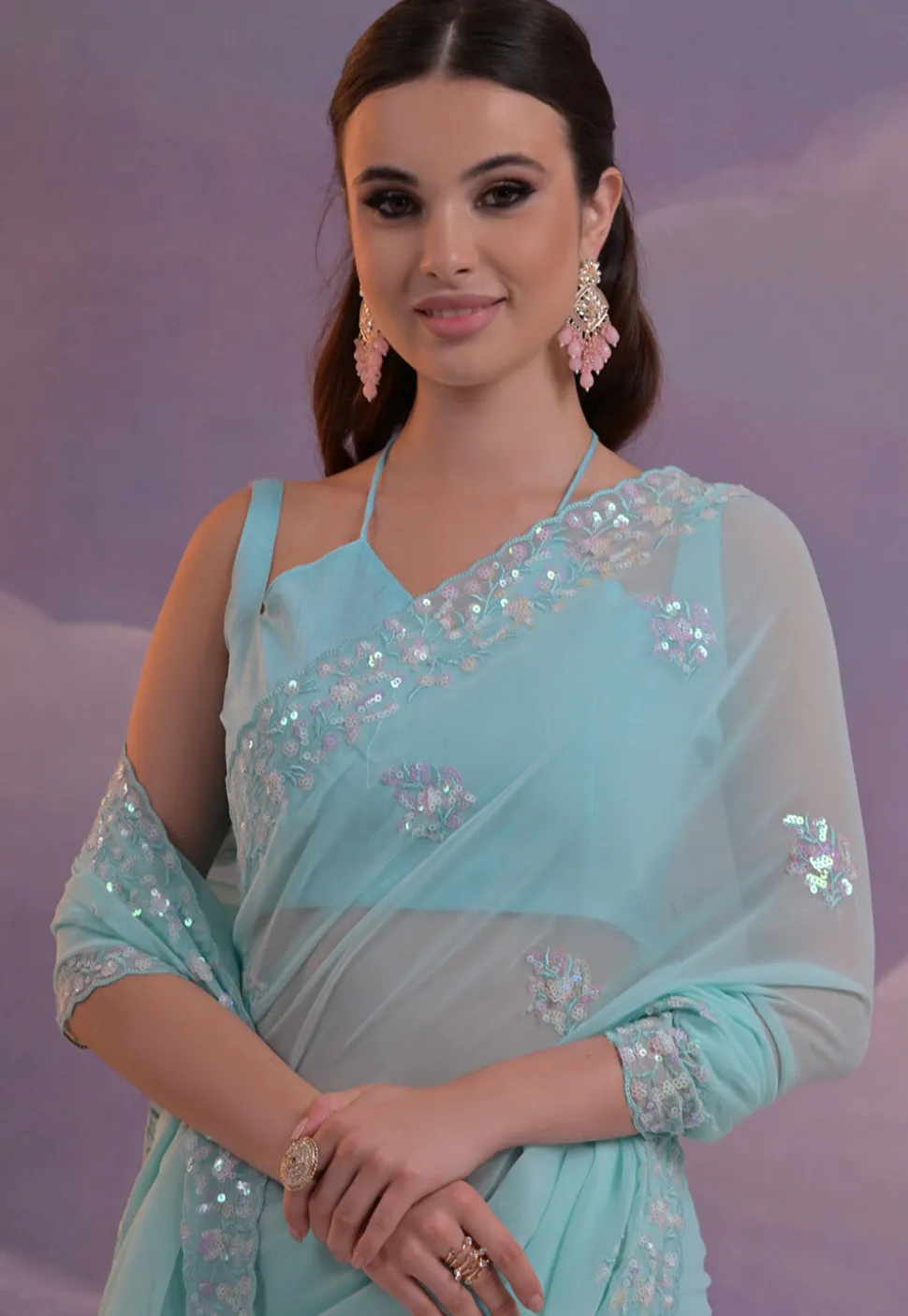 Embroidered Georgette Scalloped Saree in Sky Blue