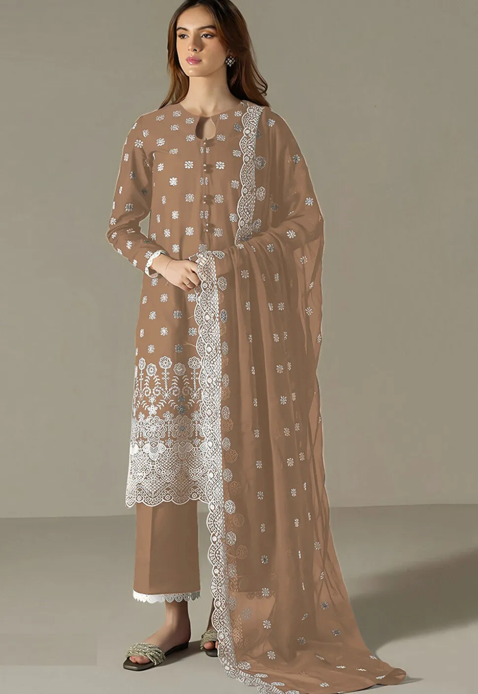 Embroidered Georgette Scalloped Pakistani Suit in Brown