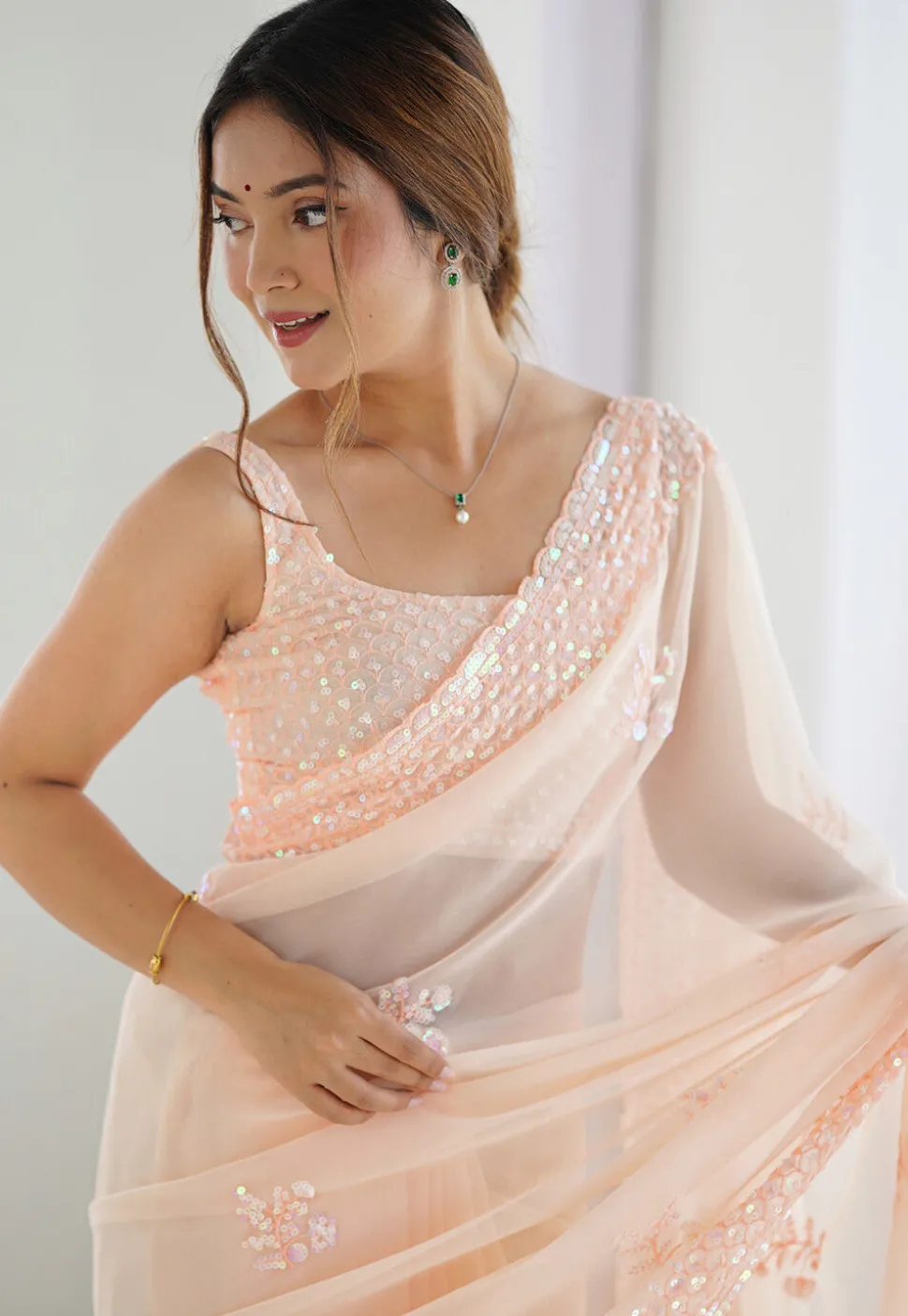 Embroidered Georgette Scalloped Saree in Peach