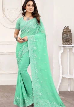 Embroidered Georgette Scalloped Saree in Sea Green