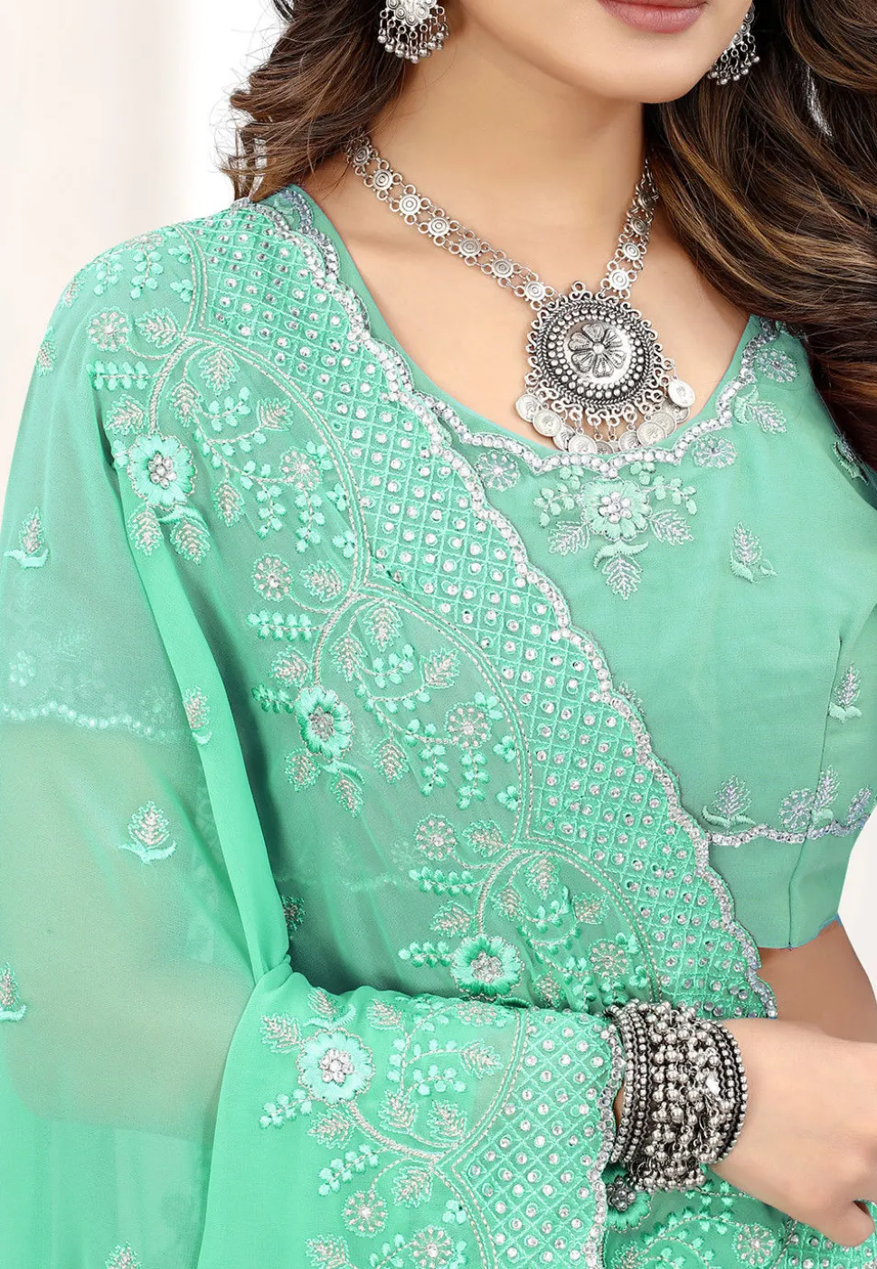 Embroidered Georgette Scalloped Saree in Sea Green