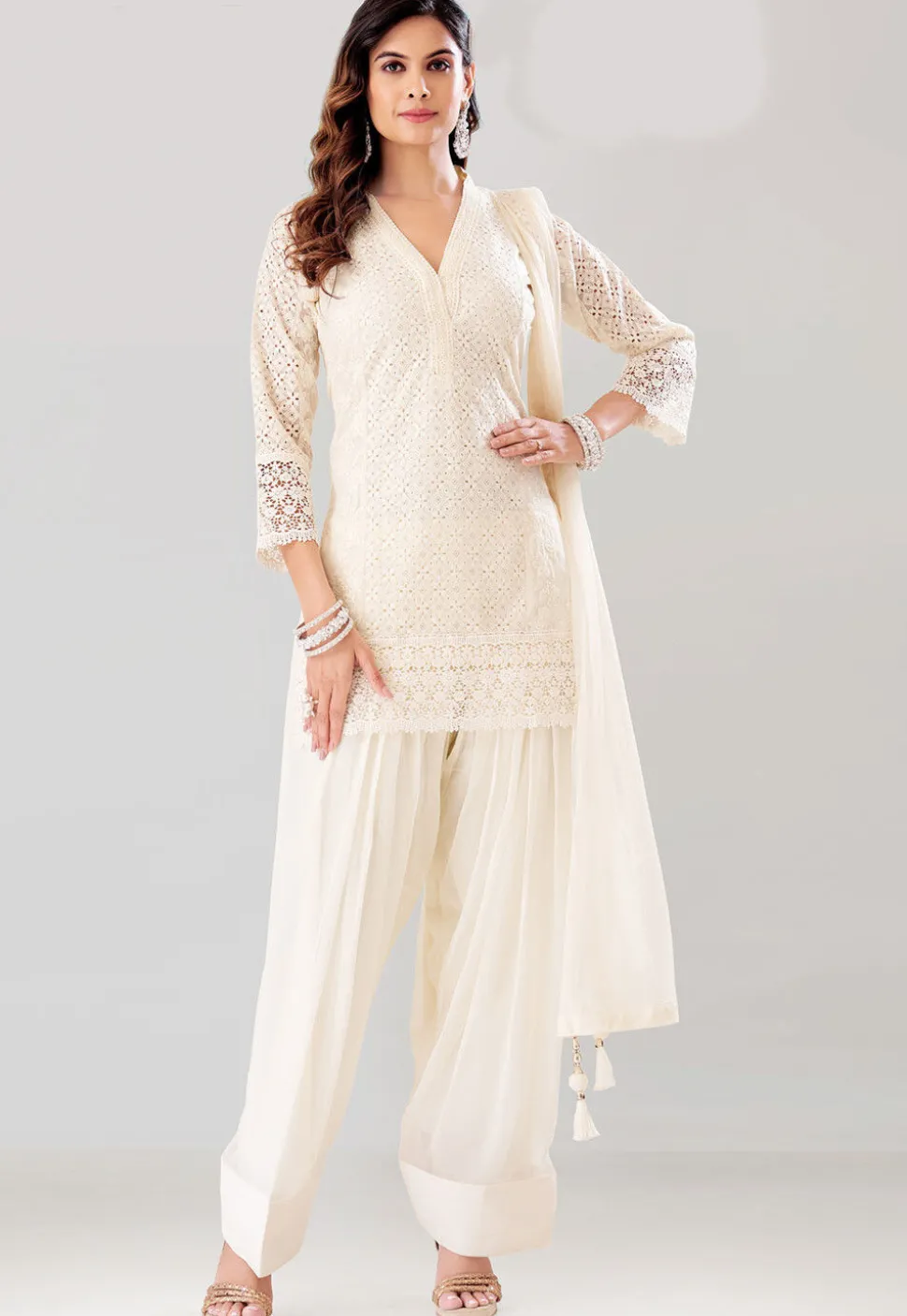 Embroidered Georgette Scalloped Punjabi Suit in Off White