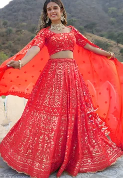 Embroidered  Georgette Scalloped Lehenga in Red