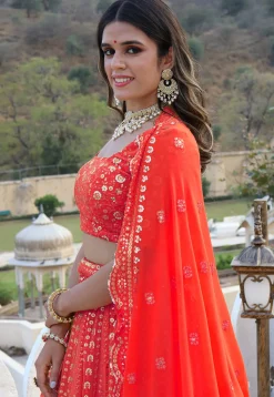 Embroidered  Georgette Scalloped Lehenga in Red