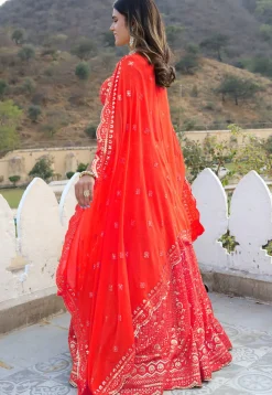 Embroidered  Georgette Scalloped Lehenga in Red