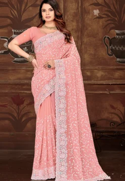 Embroidered Georgette Scalloped Saree in Peach