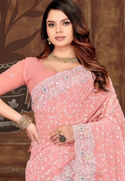 Embroidered Georgette Scalloped Saree in Peach