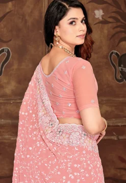 Embroidered Georgette Scalloped Saree in Peach