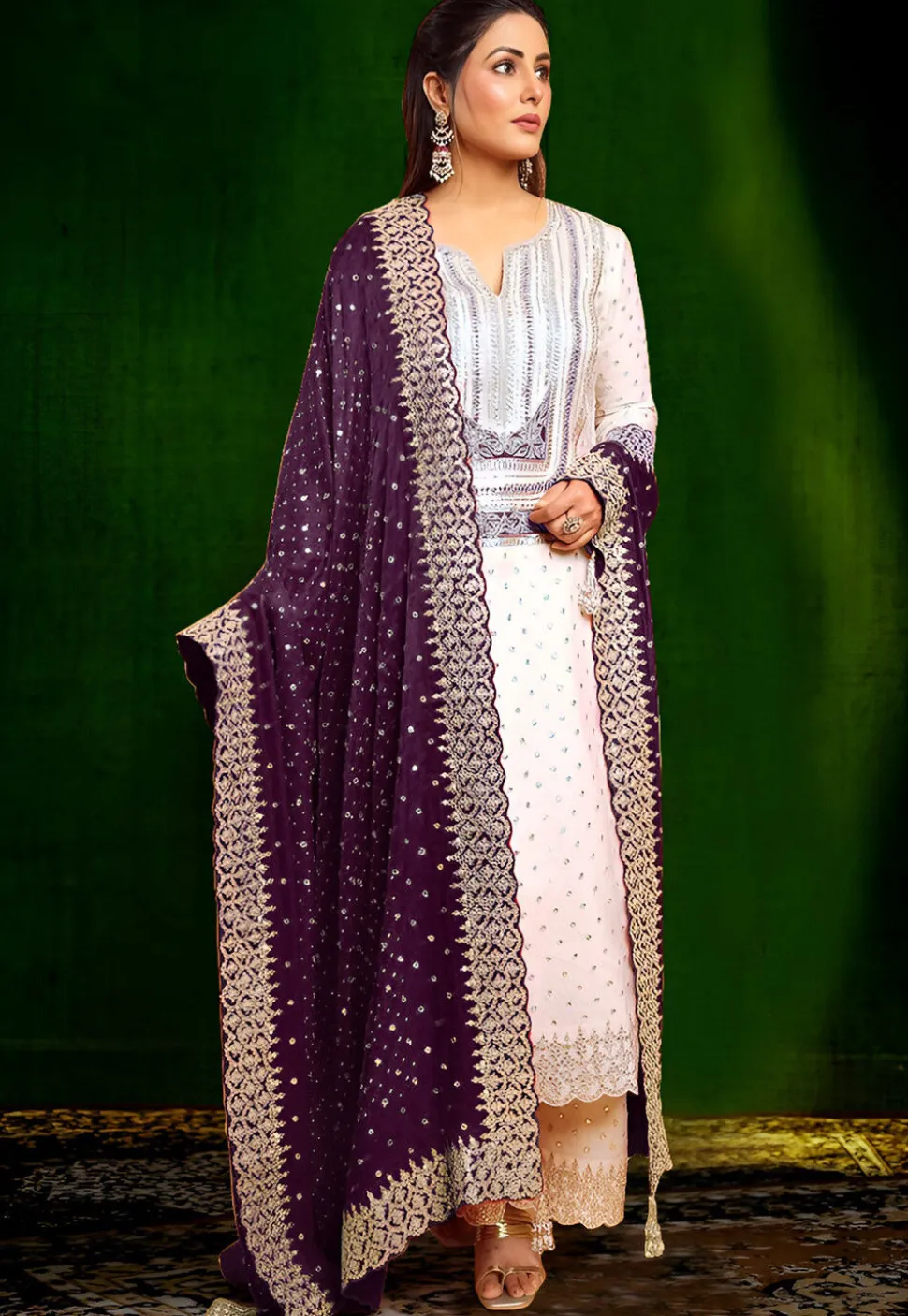 Embroidered Georgette Scalloped Pakistani Suit in Off White