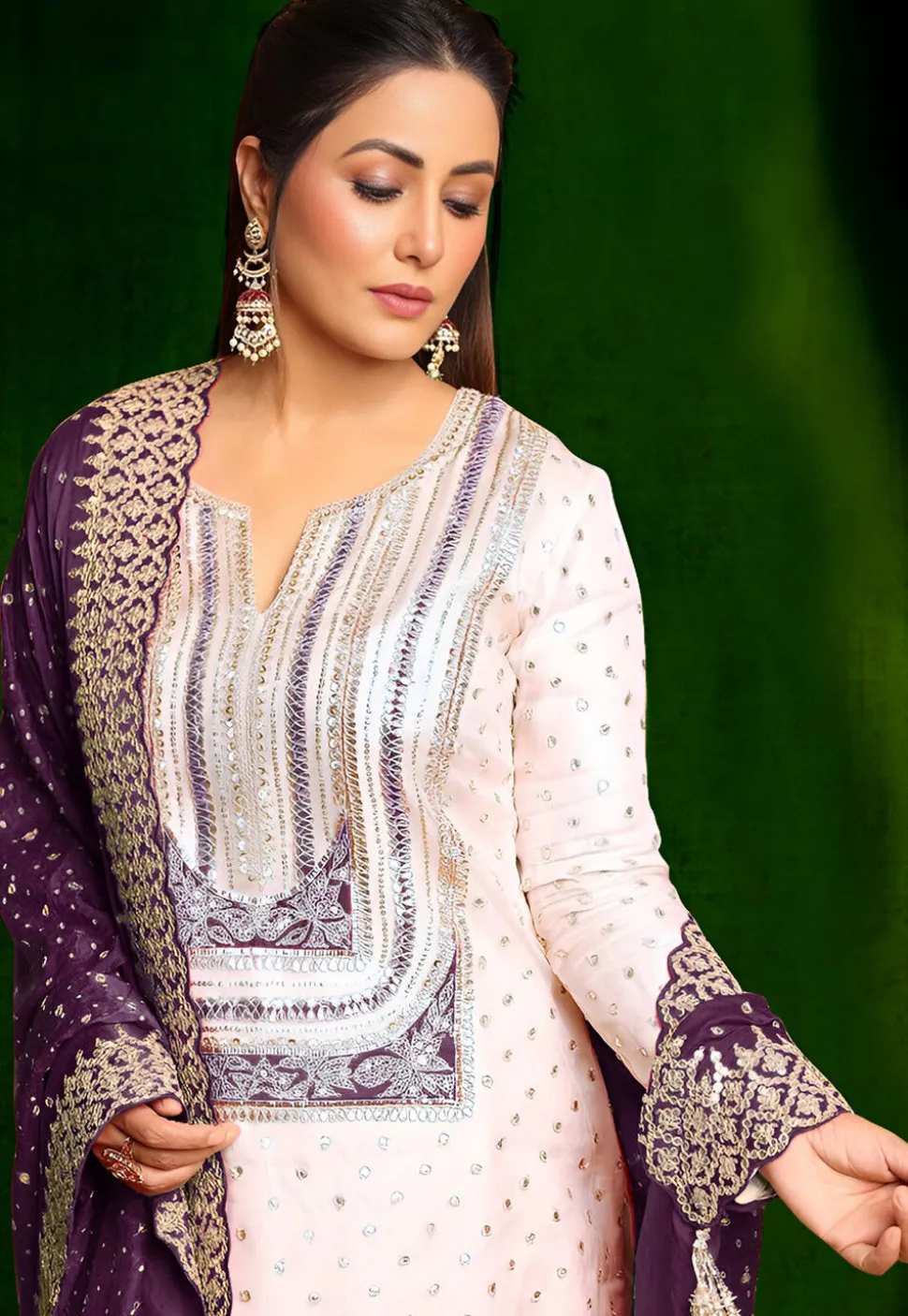 Embroidered Georgette Scalloped Pakistani Suit in Off White