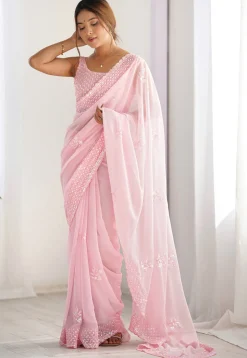 Embroidered Georgette Scalloped Saree in Baby Pink