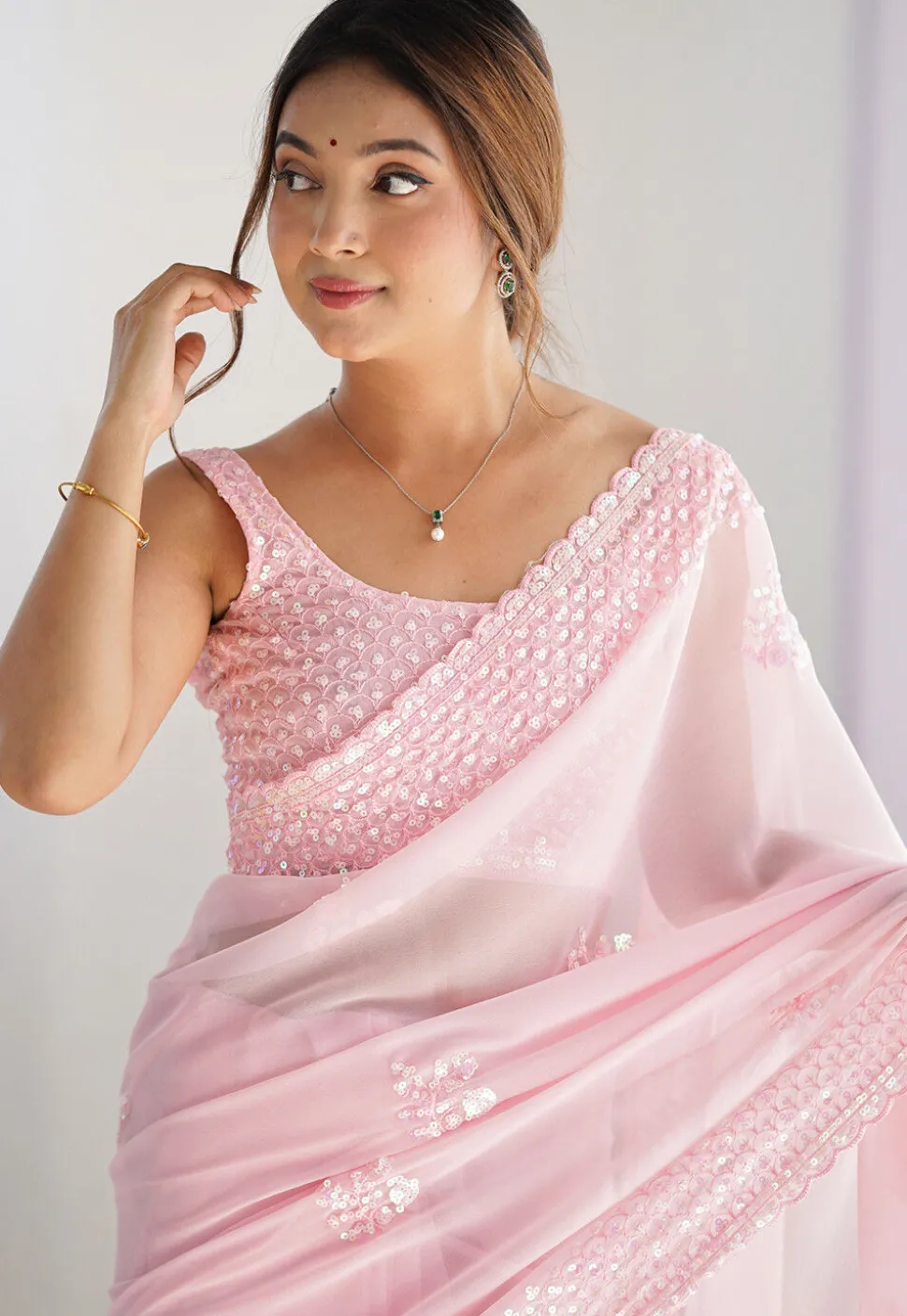 Embroidered Georgette Scalloped Saree in Baby Pink