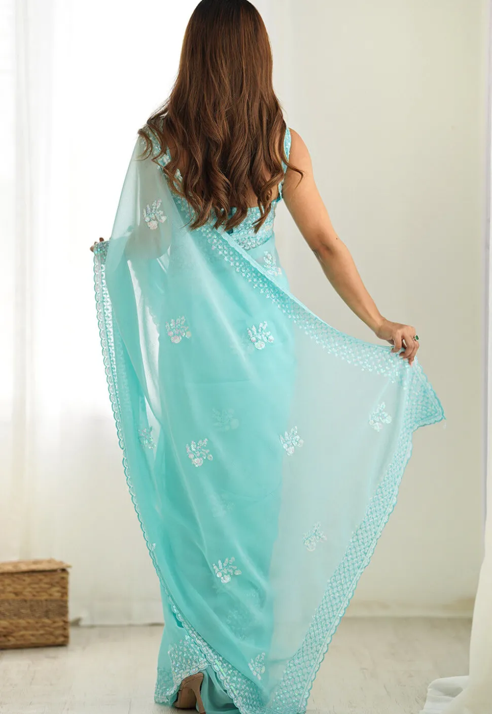 Embroidered Georgette Scalloped Saree in Turquoise