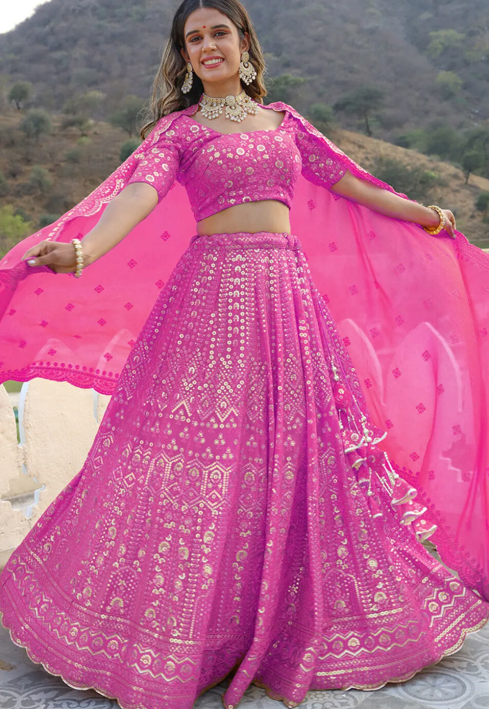 Embroidered Georgette Scalloped Lehenga in Pink