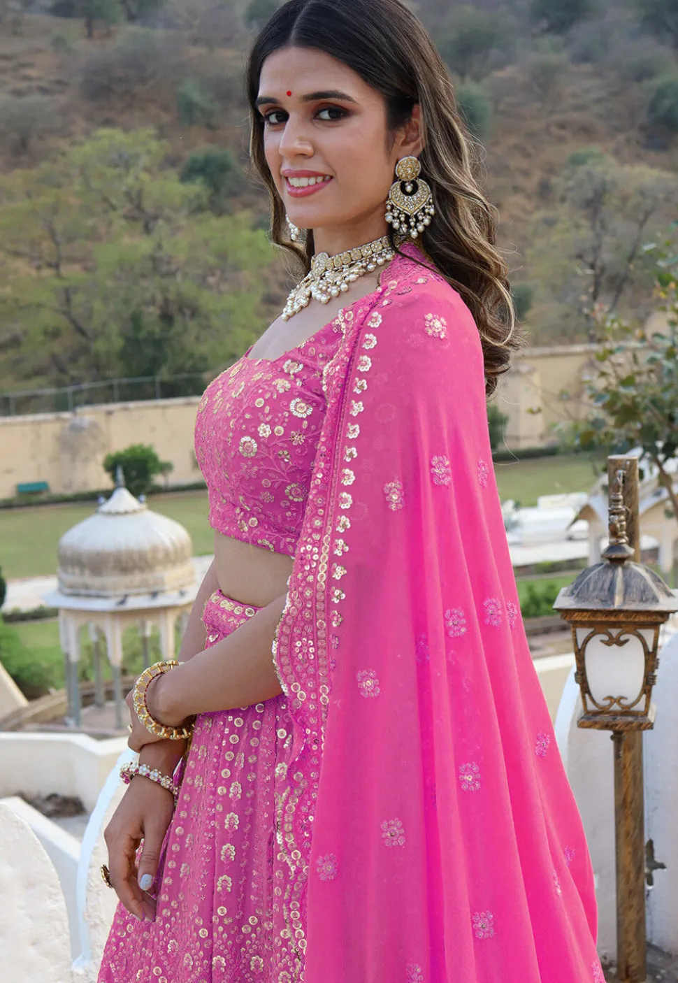 Embroidered Georgette Scalloped Lehenga in Pink