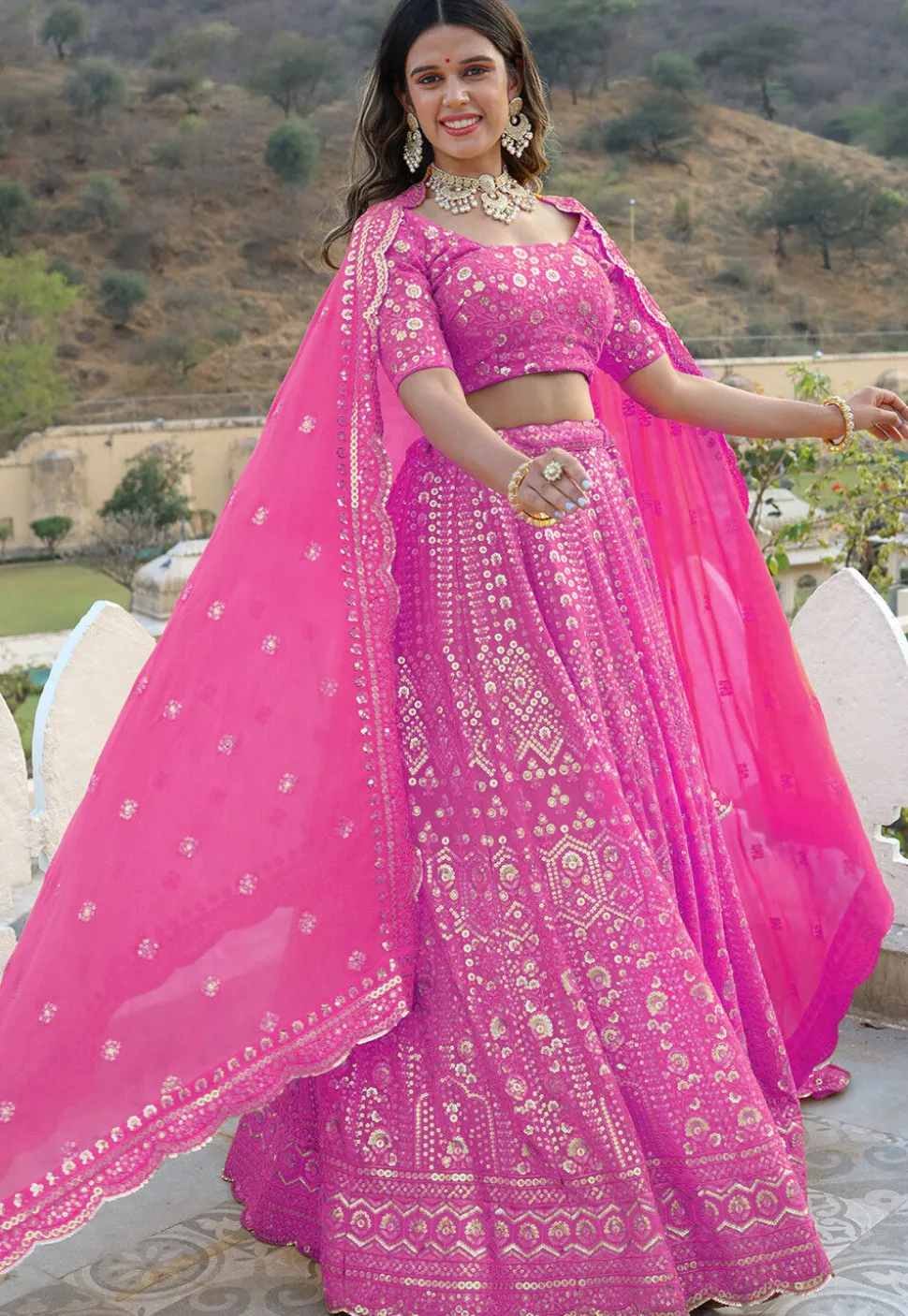 Embroidered Georgette Scalloped Lehenga in Pink