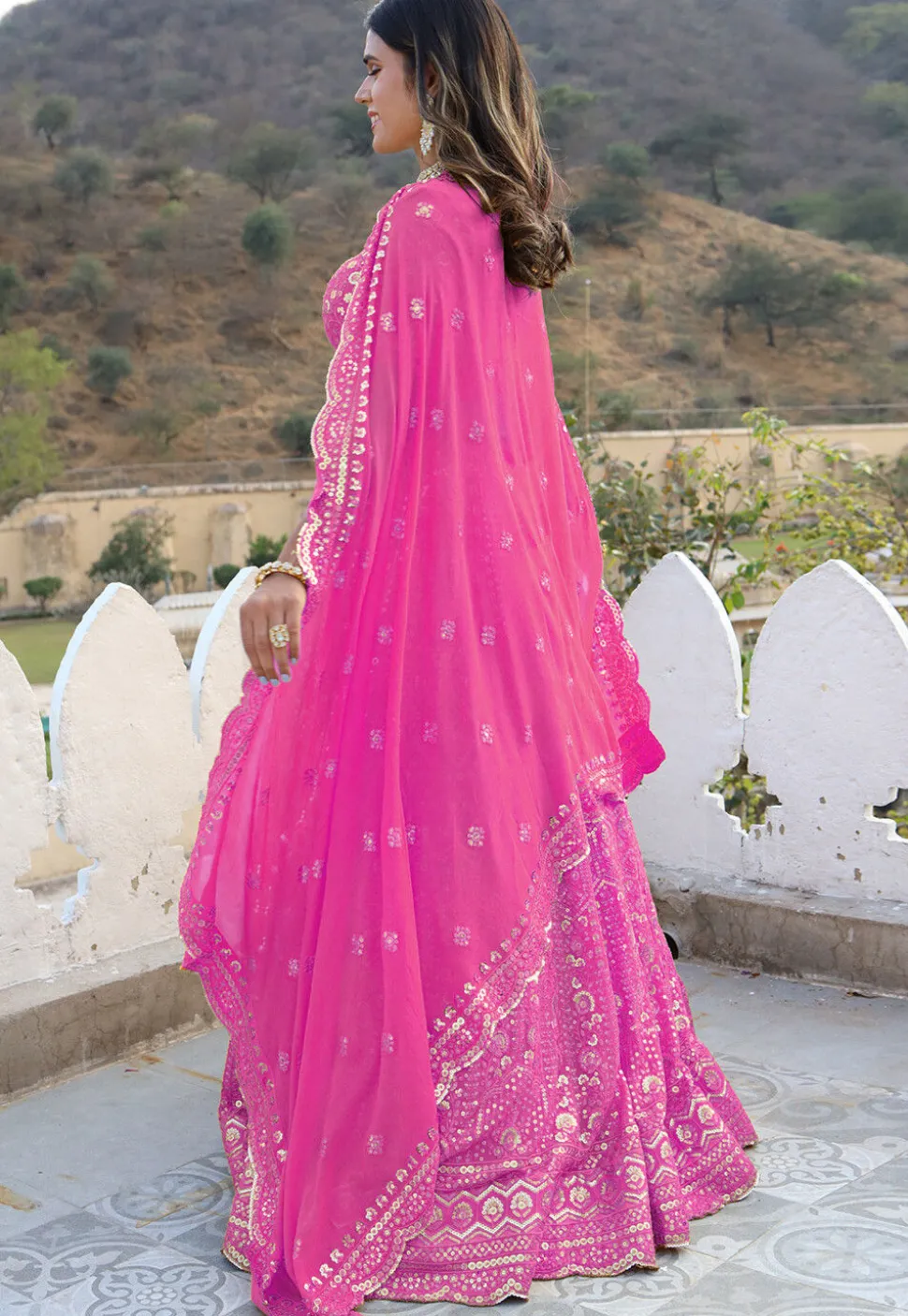 Embroidered Georgette Scalloped Lehenga in Pink