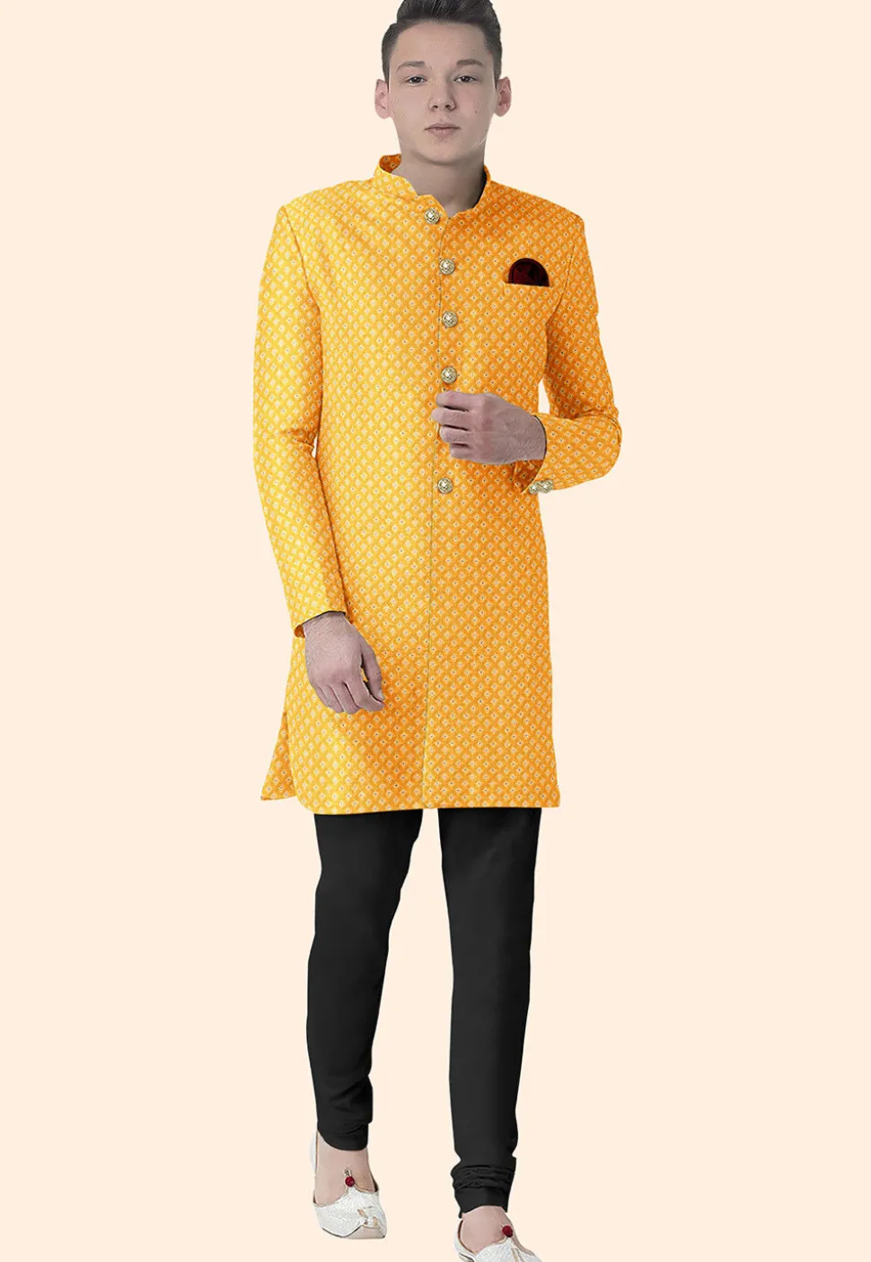 Embroidered Georgette Sherwani in Mustard