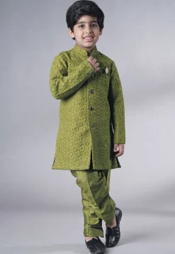 Embroidered Georgette Sherwani Set in Olive Green