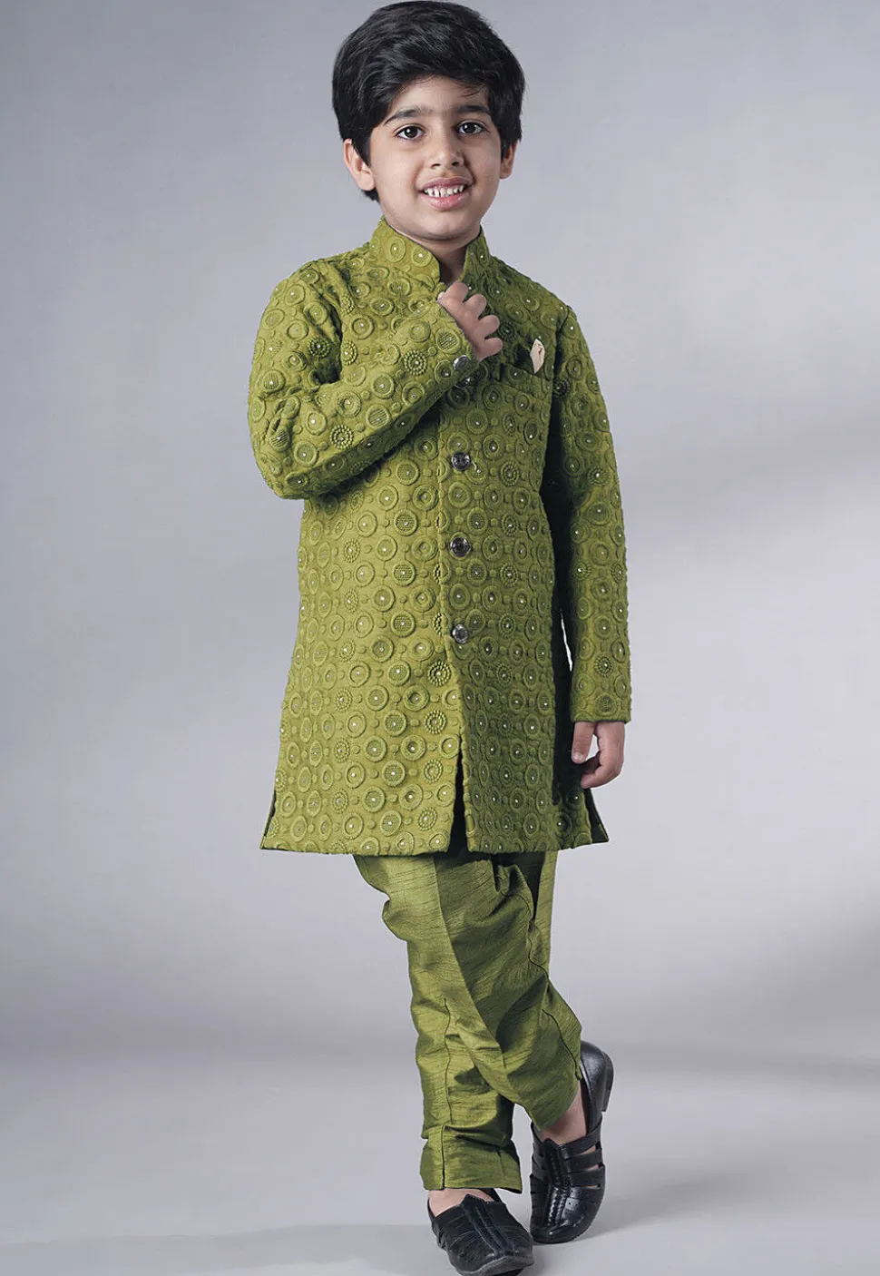 Embroidered Georgette Sherwani Set in Olive Green