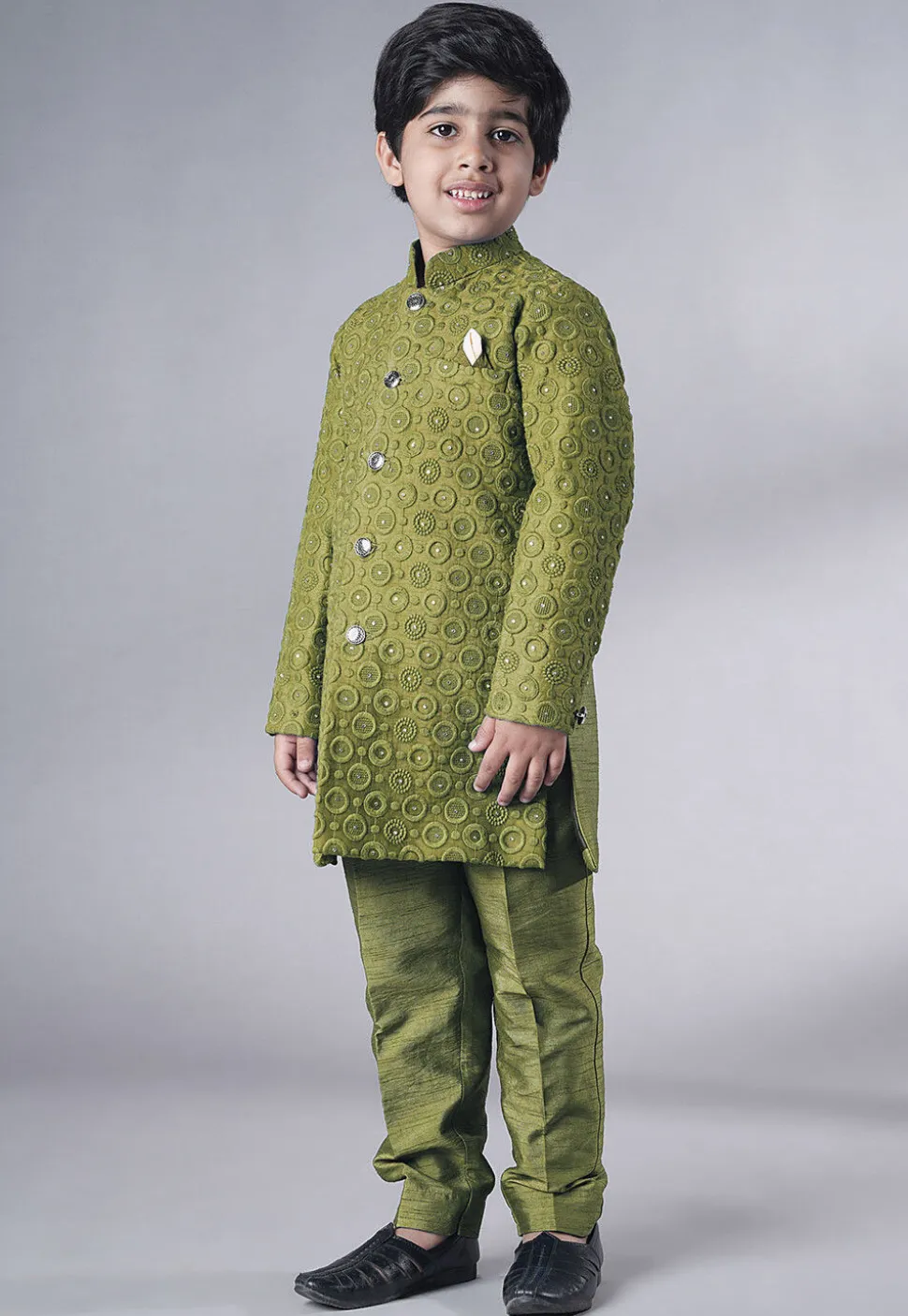 Embroidered Georgette Sherwani Set in Olive Green
