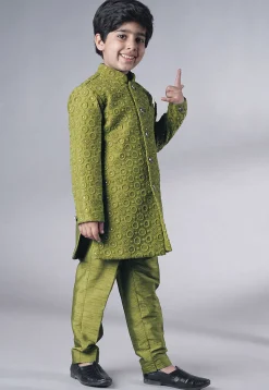 Embroidered Georgette Sherwani Set in Olive Green