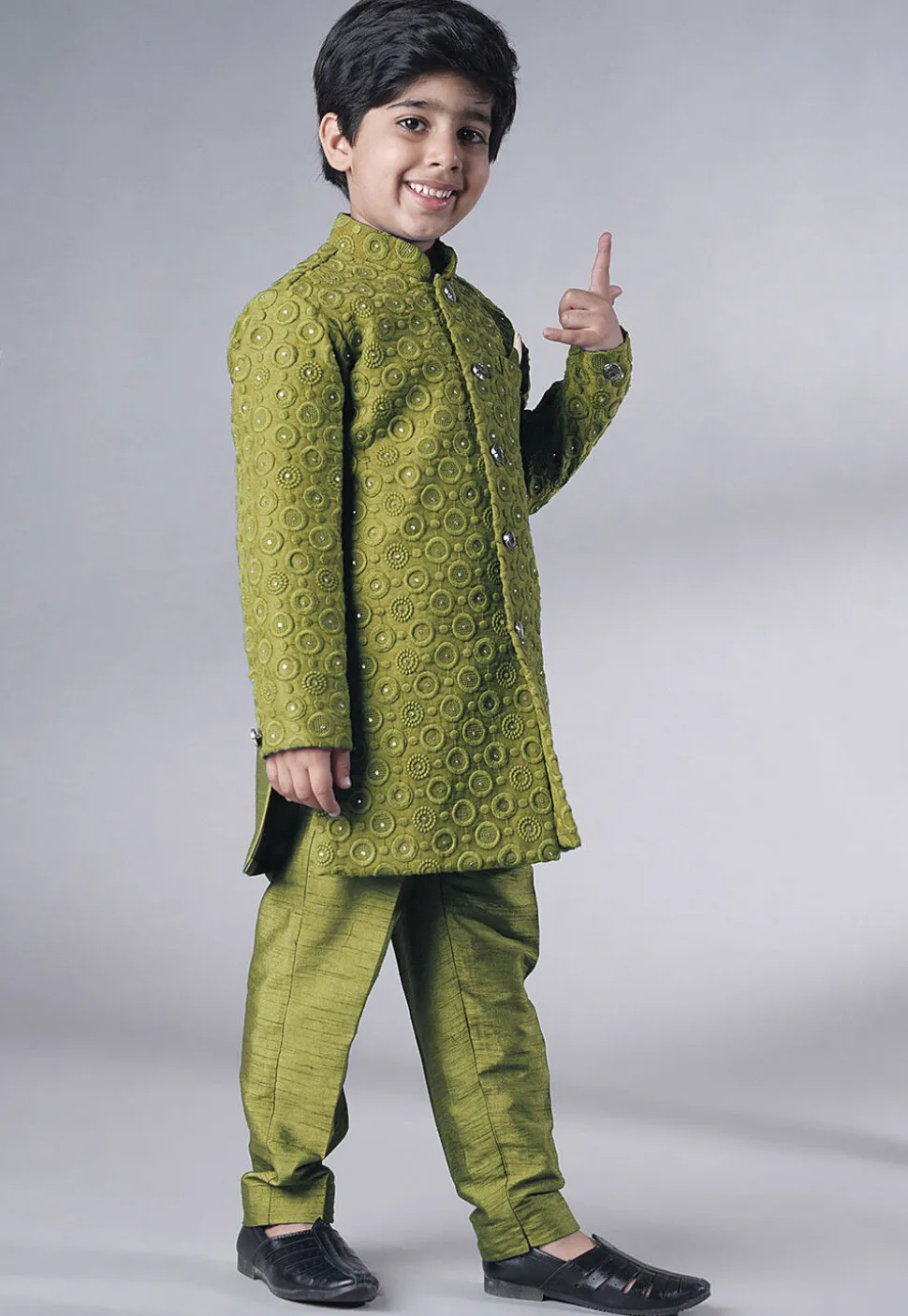 Embroidered Georgette Sherwani Set in Olive Green