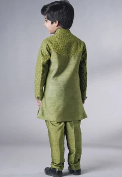 Embroidered Georgette Sherwani Set in Olive Green