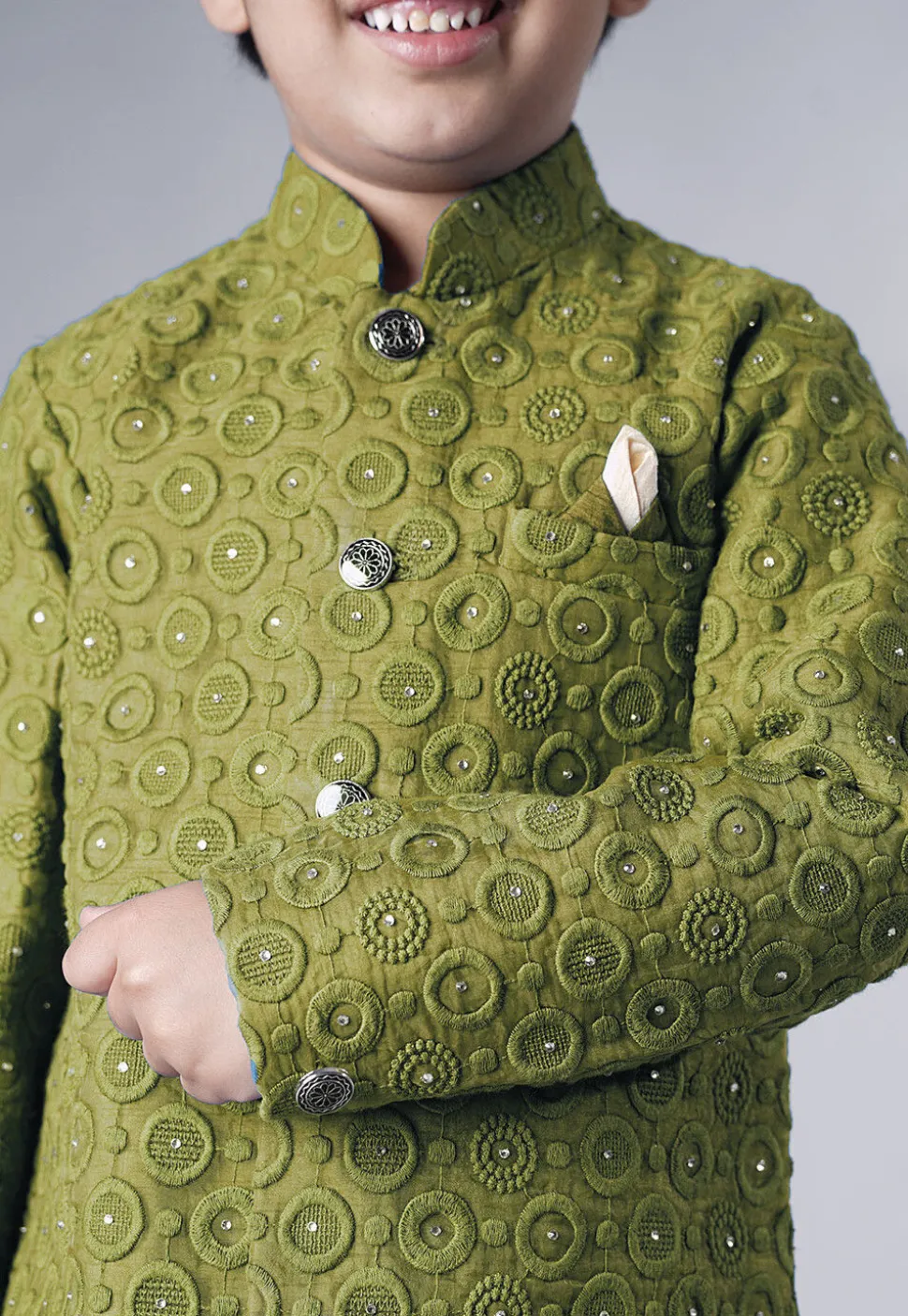 Embroidered Georgette Sherwani Set in Olive Green