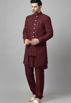 Embroidered Georgette Sherwani in Wine