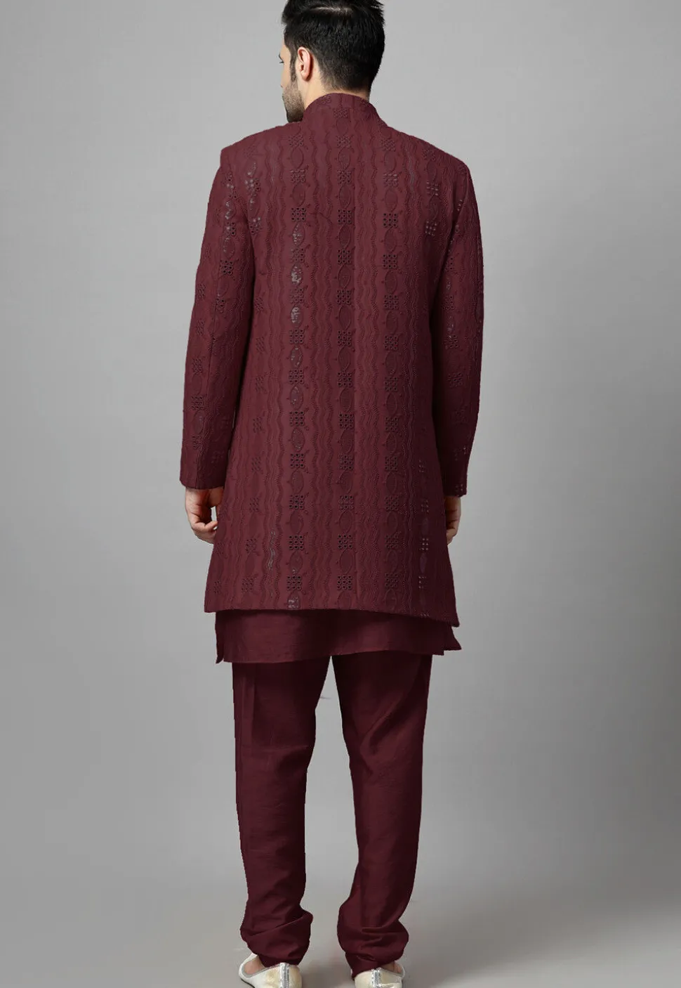Embroidered Georgette Sherwani in Wine