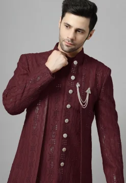 Embroidered Georgette Sherwani in Wine