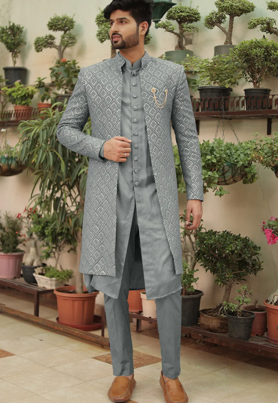 Embroidered Georgette Sherwani in Grey