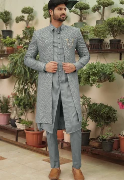 Embroidered Georgette Sherwani in Grey